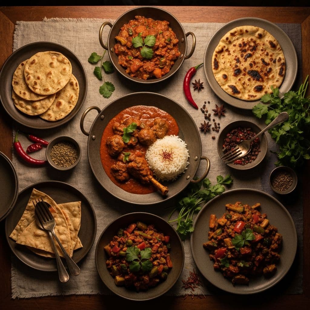 Beautifully styled overhead shot of Indian cuisine