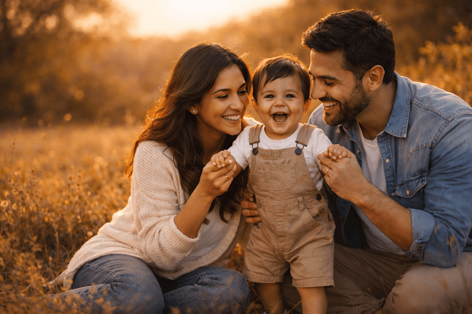 A family sharing a joyful moment together at golden hour